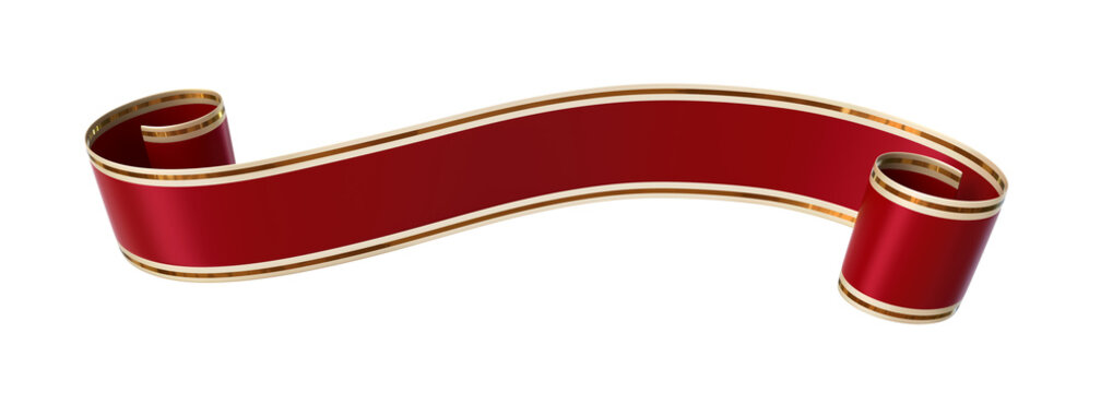 Curled red ribbon banner with gold border