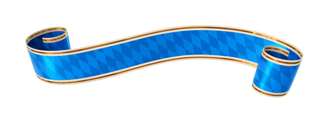Curled blue ribbon banner with diamond pattern and gold border