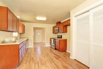 Open floor plan kitchen room interior with wooden cabinets