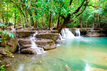 Waterfall scenic natural in rainforest at huai mae khamin national park,kanchanaburi,thailand