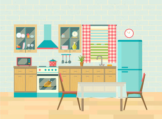 Kitchen interior cozy home food cooking and dining room poster vector flat illustration