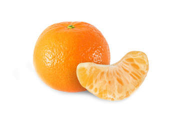 whole tangerine fruits and peeled segment isolated on white back