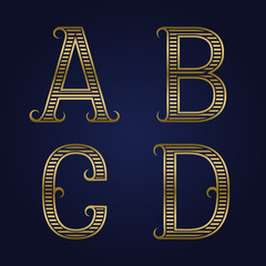 A, B, C, D golden ribbed letters with flourishes. Horizontal stripes vintage font.