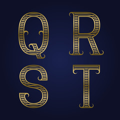Q, R, S, T golden ribbed letters with flourishes. Horizontal stripes vintage font.