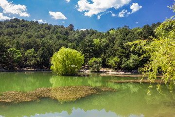 Fototapeta premium mountain lake in the woods and blue sky with clouds