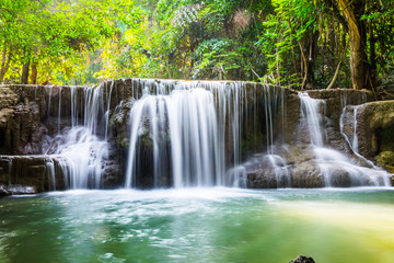 Waterfall scenic natural sunlight at huai mae khamin national park , kanchanaburi, thailand
