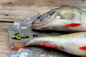 Two freshly cathing perch(bass) laying on the stone plate decora