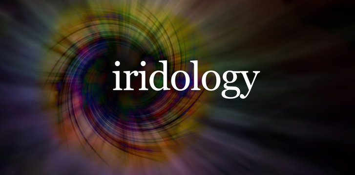Iridology eye specialist concept banner - wide modern banner with a white IRIDOLOGY sitting on top of a dark linear spiral formation background with copy space all around