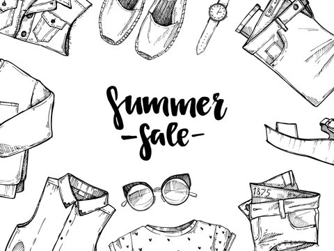Hand drawn vector illustration - Summer sale. Set of fashion acc