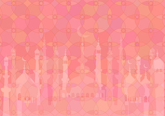 Pink pattern with mosques on stained glass kaleidoscope backdrop for wishes with Islamic holidays Ramadan, Eid al-Fitr and Eid al-Adha. Horizontal raster illustration