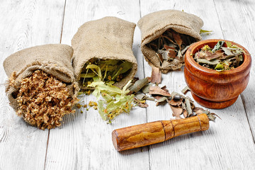 Bags with herbs and plants