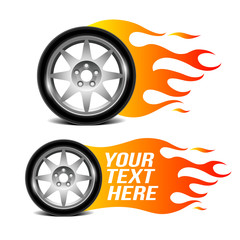 Fototapeta premium Car wheel with fire flame (car service emblem)