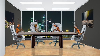Ants in the office sitting at the negotiating table. The concept of teamwork, synergy, business, construction