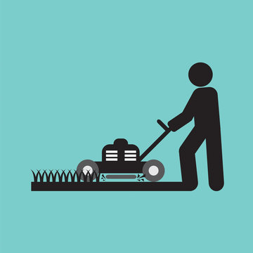 Graphic Symbol Of A Man Moving Lawn Vector Illustration