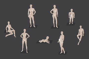 Set of models . Fashion clothing store mannequins, silhouette of man, girl, baby , teenager, pregnant woman