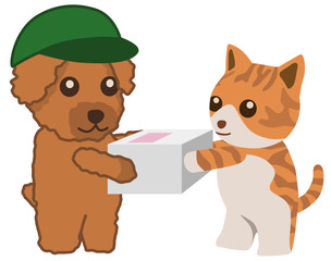 荷物を渡す犬と猫