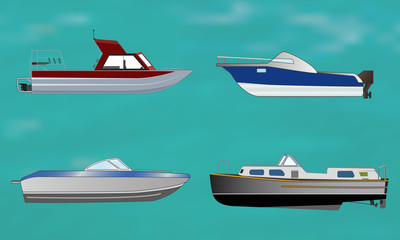 Set of motor boat on sea background, vector illustration