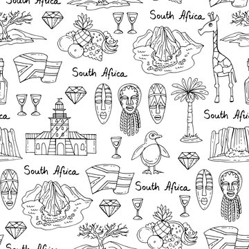 Vector seamless pattern with hand drawn isolated symbols of South Africa