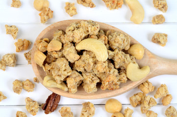 Muesli in wooden spoon