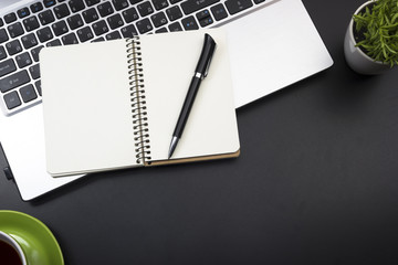 Office desk table with supplies. Top view. Copy space for text