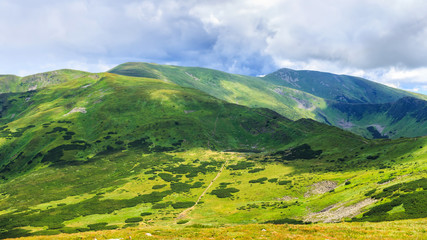 Picturesque Carpathian mountains landscape, view from the height, Chornogora ridge, Ukraine.