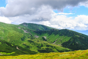 Picturesque Carpathian mountains landscape, view from the height, Chornogora ridge, Ukraine.