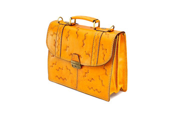 One  leather brown briefcase .Isolated on the white background.Men's business fashion accessories.