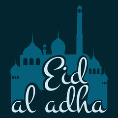 vector holiday named Eid Al Adha/ Festival of Sacrifice label. lettering composition of muslim holy month with mosque building, sparkles and glitters illustration
