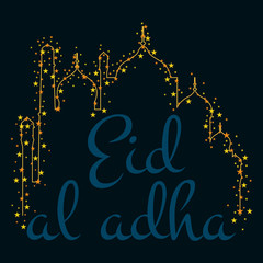 vector holiday named Eid Al Adha/ Festival of Sacrifice label. lettering composition of muslim holy month with mosque building, sparkles and glitters illustration