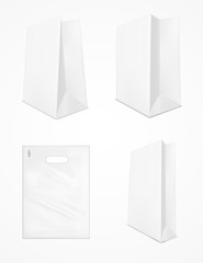 Paper package and plastic shopping bag with with handle