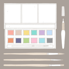 Watercolor box with brushes. Hand drawn art supplies. Vector watercolor half-pan set