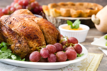 Thanksgiving dinner on rustic wooden background

