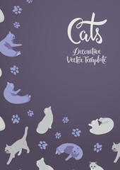 Vector decorating design with the cats. Colorful card template with copy space