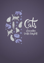 Vector decorating design with the cats. Colorful card template with copy space
