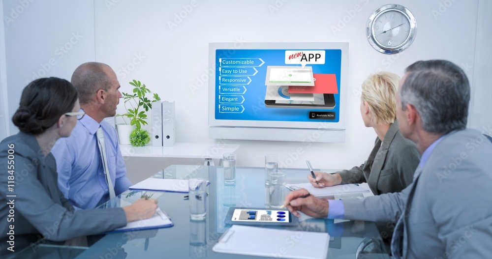 Poster composite image of business team looking at time clock