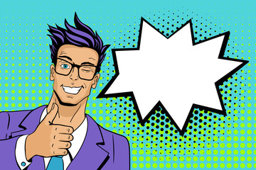 Pop art man. Young hansome man in glasses smiles, winks and shows thumb up . Vector illustration in retro comic style. Vector pop art background. - obrazy, fototapety, plakaty