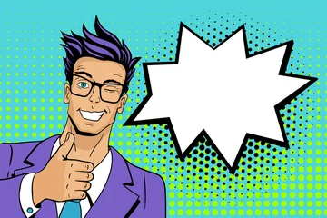 Fotobehang Pop art man. Young hansome man in glasses smiles, winks and shows thumb up . Vector illustration in retro comic style. Vector pop art background. © irina_levitskaya