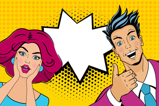 Wow Couple. Attractive Surprised Man And Woman In Pop Art Comic Retro Style With Open Mouths. Vector Cartoon Illustration.