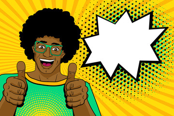 Happy young handsome surprised african man in glasses shows thumb up with open mouth and speech bubble. Vector colorful cartoon background in pop art retro comic style. 
