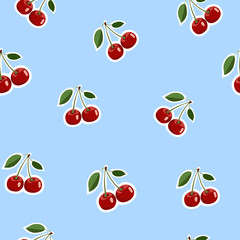 Pattern of red small cherry stickers same sizes with leaves on blue background