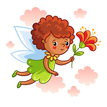 Cute dark-skinned fairy flying on the wings and keep a beautiful flower. Vector illustration of a fairy on a background of clouds. Picture in cartoon style.