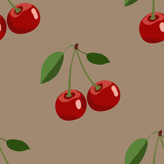 Pattern of big red cherry with leaves on brown background