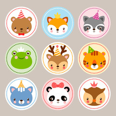 Funny stickers with animals to birthday. Vector set with wild animals in cartoon style. Children s illustration with baby animals.