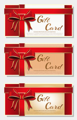 Gift cards with red ribbons and bows, templates collection, vector background, set 3