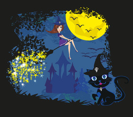 witch with a broom and a cat