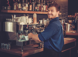 Barista preparing cup of coffee for customer in coffee shop.