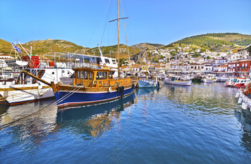 traditional boats at Hydra island Saronic gulf Greece
