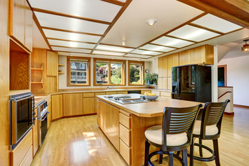 Kitchen room interior with wooden cabinets, island and hardwood floor