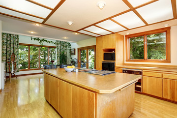 Kitchen room interior with wooden cabinets, island and hardwood floor