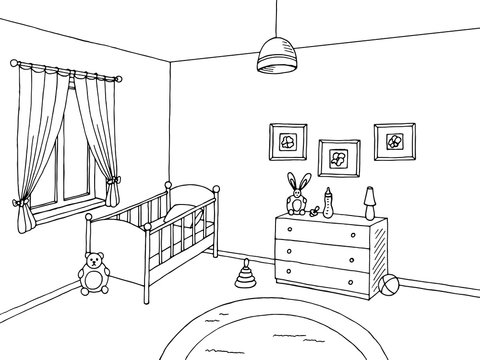 Baby room black white interior graphic art sketch illustration vector